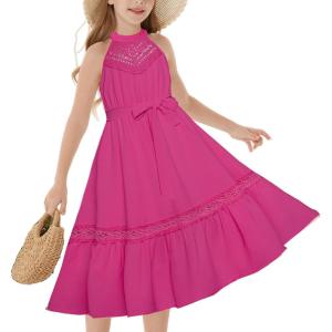 imageGRACE KARIN Girls Dresses Summer Spring Halter Maxi Dress Kids Ruffle Casual Flower Pleated Sun Dress Size 514Hot Pink