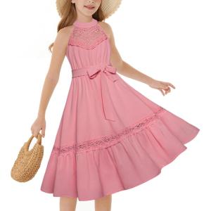 imageGRACE KARIN Girls Dresses Summer Spring Halter Maxi Dress Kids Ruffle Casual Flower Pleated Sun Dress Size 514Leather Pink