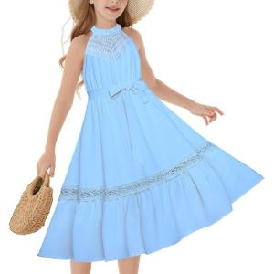 imageGRACE KARIN Girls Dresses Summer Spring Halter Maxi Dress Kids Ruffle Casual Flower Pleated Sun Dress Size 514Light Blue