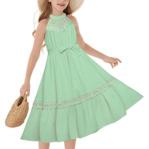 imageGRACE KARIN Girls Dresses Summer Spring Halter Maxi Dress Kids Ruffle Casual Flower Pleated Sun Dress Size 514Light Gray Green