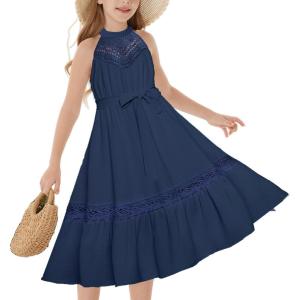 imageGRACE KARIN Girls Dresses Summer Spring Halter Maxi Dress Kids Ruffle Casual Flower Pleated Sun Dress Size 514Navy Blue
