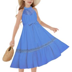 imageGRACE KARIN Girls Dresses Summer Spring Halter Maxi Dress Kids Ruffle Casual Flower Pleated Sun Dress Size 514Peacock Blue