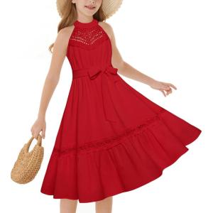 imageGRACE KARIN Girls Dresses Summer Spring Halter Maxi Dress Kids Ruffle Casual Flower Pleated Sun Dress Size 514Red