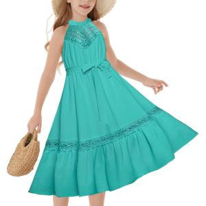 imageGRACE KARIN Girls Dresses Summer Spring Halter Maxi Dress Kids Ruffle Casual Flower Pleated Sun Dress Size 514Teal