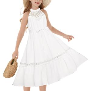 imageGRACE KARIN Girls Dresses Summer Spring Halter Maxi Dress Kids Ruffle Casual Flower Pleated Sun Dress Size 514White