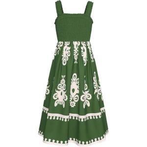 imageGRACE KARIN Girls Summer Boho Dresses Square Neck Smocked Sundresses Casual Sleeveless Maxi Dress for Girls 512YArmy Green