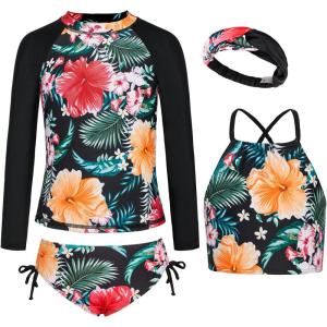 imageGRACE KARIN Girls Swimsuit Tankini Set Rash Guard Long Sleeve Swimsuit 4 Piece Bathing Suit Swimwear 514YBlack Floral