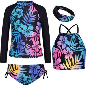 imageGRACE KARIN Girls Swimsuit Tankini Set Rash Guard Long Sleeve Swimsuit 4 Piece Bathing Suit Swimwear 514YBlack Leaves