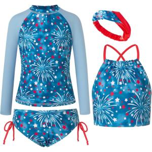 imageGRACE KARIN Girls Swimsuit Tankini Set Rash Guard Long Sleeve Swimsuit 4 Piece Bathing Suit Swimwear 514YBlue