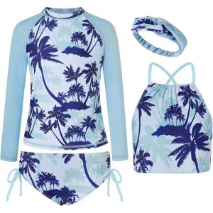 imageGRACE KARIN Girls Swimsuit Tankini Set Rash Guard Long Sleeve Swimsuit 4 Piece Bathing Suit Swimwear 514YBlue Coconut Tree