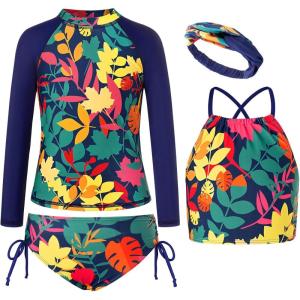 imageGRACE KARIN Girls Swimsuit Tankini Set Rash Guard Long Sleeve Swimsuit 4 Piece Bathing Suit Swimwear 514YBlue Purple Leaves