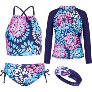 imageGRACE KARIN Girls Swimsuit Tankini Set Rash Guard Long Sleeve Swimsuit 4 Piece Bathing Suit Swimwear 514YDark Blue Print