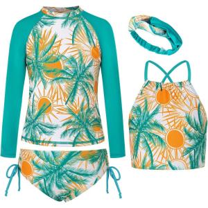 imageGRACE KARIN Girls Swimsuit Tankini Set Rash Guard Long Sleeve Swimsuit 4 Piece Bathing Suit Swimwear 514YGreen Blue Coconut Tree
