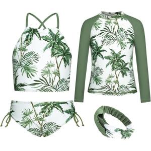 imageGRACE KARIN Girls Swimsuit Tankini Set Rash Guard Long Sleeve Swimsuit 4 Piece Bathing Suit Swimwear 514YGreen Coconut Tree