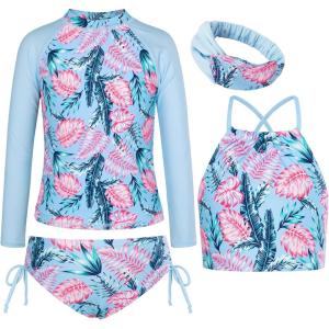 imageGRACE KARIN Girls Swimsuit Tankini Set Rash Guard Long Sleeve Swimsuit 4 Piece Bathing Suit Swimwear 514YLight Blue Leaves