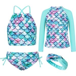 imageGRACE KARIN Girls Swimsuit Tankini Set Rash Guard Long Sleeve Swimsuit 4 Piece Bathing Suit Swimwear 514YLight Green Memaid