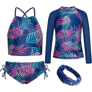 imageGRACE KARIN Girls Swimsuit Tankini Set Rash Guard Long Sleeve Swimsuit 4 Piece Bathing Suit Swimwear 514YNavy Blue Leaves