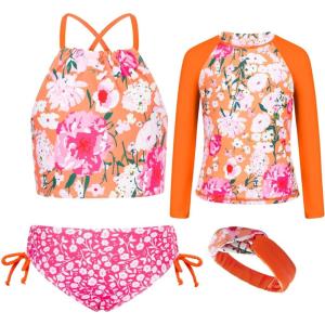 imageGRACE KARIN Girls Swimsuit Tankini Set Rash Guard Long Sleeve Swimsuit 4 Piece Bathing Suit Swimwear 514YOrange Floral