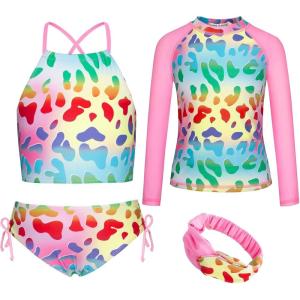 imageGRACE KARIN Girls Swimsuit Tankini Set Rash Guard Long Sleeve Swimsuit 4 Piece Bathing Suit Swimwear 514YPink Leopard