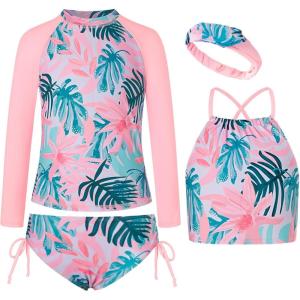 imageGRACE KARIN Girls Swimsuit Tankini Set Rash Guard Long Sleeve Swimsuit 4 Piece Bathing Suit Swimwear 514YPinkgreen Leaves