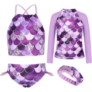 imageGRACE KARIN Girls Swimsuit Tankini Set Rash Guard Long Sleeve Swimsuit 4 Piece Bathing Suit Swimwear 514YPurple Memaid