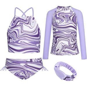 imageGRACE KARIN Girls Swimsuit Tankini Set Rash Guard Long Sleeve Swimsuit 4 Piece Bathing Suit Swimwear 514YPurple Print