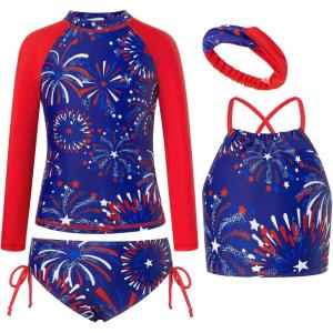 imageGRACE KARIN Girls Swimsuit Tankini Set Rash Guard Long Sleeve Swimsuit 4 Piece Bathing Suit Swimwear 514YRed