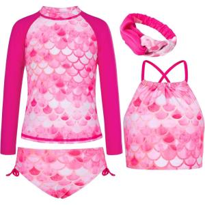 imageGRACE KARIN Girls Swimsuit Tankini Set Rash Guard Long Sleeve Swimsuit 4 Piece Bathing Suit Swimwear 514YRose Red Memaid