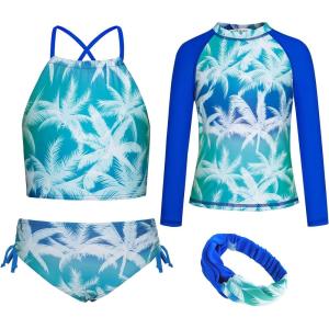 imageGRACE KARIN Girls Swimsuit Tankini Set Rash Guard Long Sleeve Swimsuit 4 Piece Bathing Suit Swimwear 514YRoyal Blue Coconut Tree