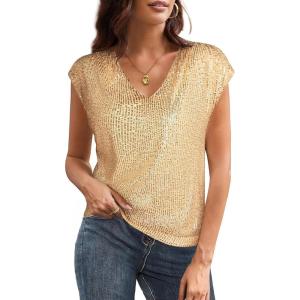 imageGRACE KARIN V Neck Sequin Short Sleeve Tops for Women Elastic Sparkly Tank Top for PartyDark Gold