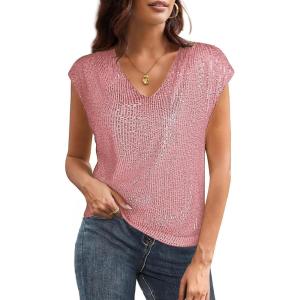 imageGRACE KARIN V Neck Sequin Short Sleeve Tops for Women Elastic Sparkly Tank Top for PartyLight Pink