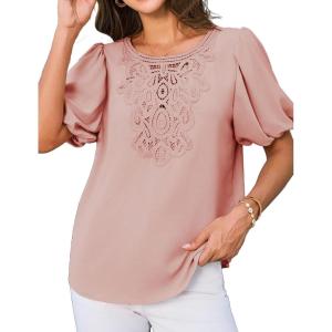 imageGRACE KARIN Women Short Puff Sleeve Casual Summer Elegant Tops Dressy Lace Crochet Crew Neck Blouse