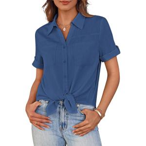 imageGRACE KARIN Womens Button Down Blouse Casual Short Sleeve Summer V Neck Top Teacher Shirts for Women Blue L