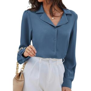 imageGRACE KARIN Womens Long Sleeve V Neck Tops Button Down Collared Work Business Blouses Casual ShirtHaze Bluelong Sleeve