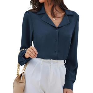 imageGRACE KARIN Womens Long Sleeve V Neck Tops Button Down Collared Work Business Blouses Casual ShirtNavylong Sleeve