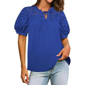 imageShort Sleeve Tops for Women Dressy Drawstring Tops Hollow Out Eyelet Embroidery Casual Blouse Royal Blue S