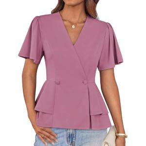 imageGRACE KARIN 2025 Womens Business Casual Outfits Peplum Tops Dressy Summer Short Sleeve V Neck Wrap Work Blouse ShirtsGray Pink
