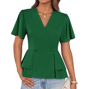 imageGRACE KARIN 2025 Womens Business Casual Outfits Peplum Tops Dressy Summer Short Sleeve V Neck Wrap Work Blouse ShirtsGreen