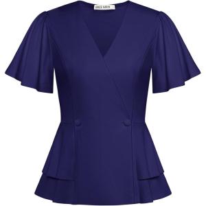 imageGRACE KARIN 2025 Womens Business Casual Outfits Peplum Tops Dressy Summer Short Sleeve V Neck Wrap Work Blouse ShirtsNavy