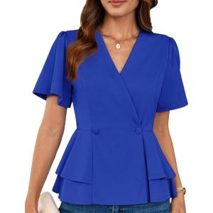 imageGRACE KARIN 2025 Womens Business Casual Outfits Peplum Tops Dressy Summer Short Sleeve V Neck Wrap Work Blouse ShirtsNavy Blue