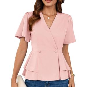 imageGRACE KARIN 2025 Womens Business Casual Outfits Peplum Tops Dressy Summer Short Sleeve V Neck Wrap Work Blouse ShirtsPink