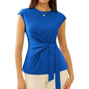 imageGRACE KARIN Womens Cap Sleeve Tops 2025 Summer Tie Waist Crew Neck Elegant Blouse Dressy Casual Work Business ShirtsDark Blue