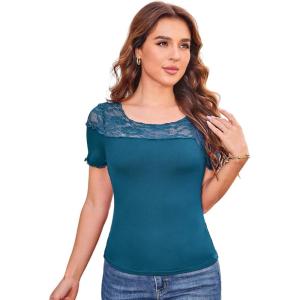 imageGRACE KARIN Womens Lace Going Out Tops Slim Fit Short Sleeve Blouse Summer Dressy T Shirts 2025 Fashion Clothes Trendy OutfitBlue Green