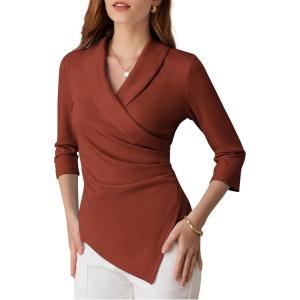 imageGRACE KARIN Womens V Neck Casual Work Tops 34 Sleeve Office Dressy Blouse Asymmetrical Elegant ShirtsCaramel