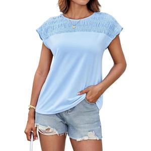 imageWomens Cap Sleeve Cute Tops Summer T Shirts Round Neck Causal Fashion Basic Tee Light Blue S