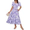 imageGRACE KARIN 2025 Womens Summer Floral Flowy A Line Midi Dresses Elegant Short Sleeve Smocked VNeck Tiered DressesPurple