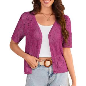 imageGRACE KARIN 2025 Womens Short Sleeve V Neck Cardigans Sweaters Open Front Knit Crochet Button Bolero Shrugs TopsRose Red