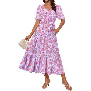 imageGRACE KARIN 2025 Womens Summer Floral Flowy A Line Midi Dresses Elegant Short Sleeve Smocked VNeck Tiered DressesBlue Purple