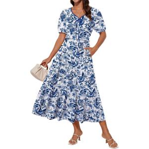 imageGRACE KARIN 2025 Womens Summer Floral Flowy A Line Midi Dresses Elegant Short Sleeve Smocked VNeck Tiered DressesNavy Blue