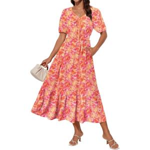 imageGRACE KARIN 2025 Womens Summer Floral Flowy A Line Midi Dresses Elegant Short Sleeve Smocked VNeck Tiered DressesOrange